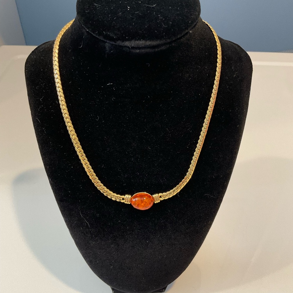 Elegant Faux Gold Necklace with Orange Glass Bead